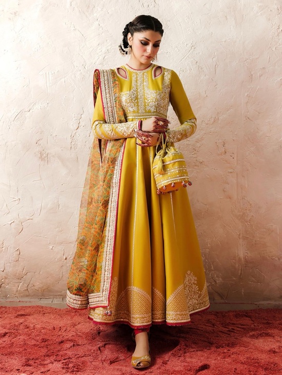 Hussain Rehar Dresses & Skirts - Hussain Rehar Elegant Mustard Embroidered Anarkali Dress with Dupatta